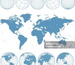 Vector world map and wireframe globes in blue.